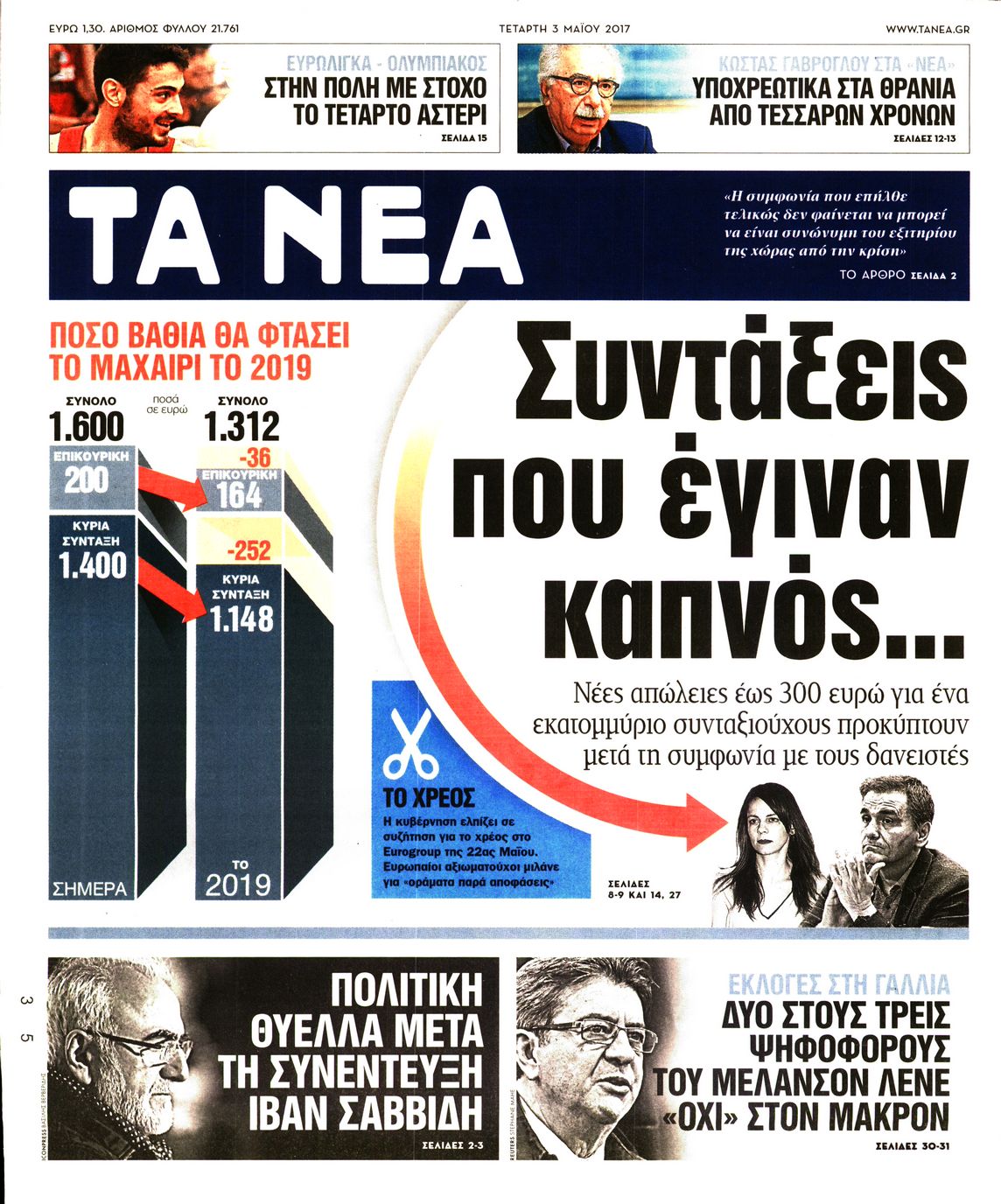 Εξώφυλο εφημερίδας ΤΑ ΝΕΑ 2017-05-03