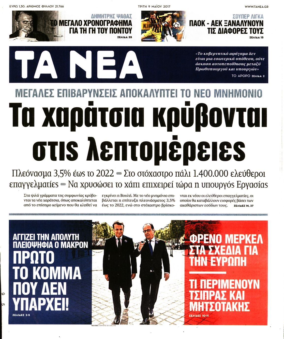 Εξώφυλο εφημερίδας ΤΑ ΝΕΑ 2017-05-09