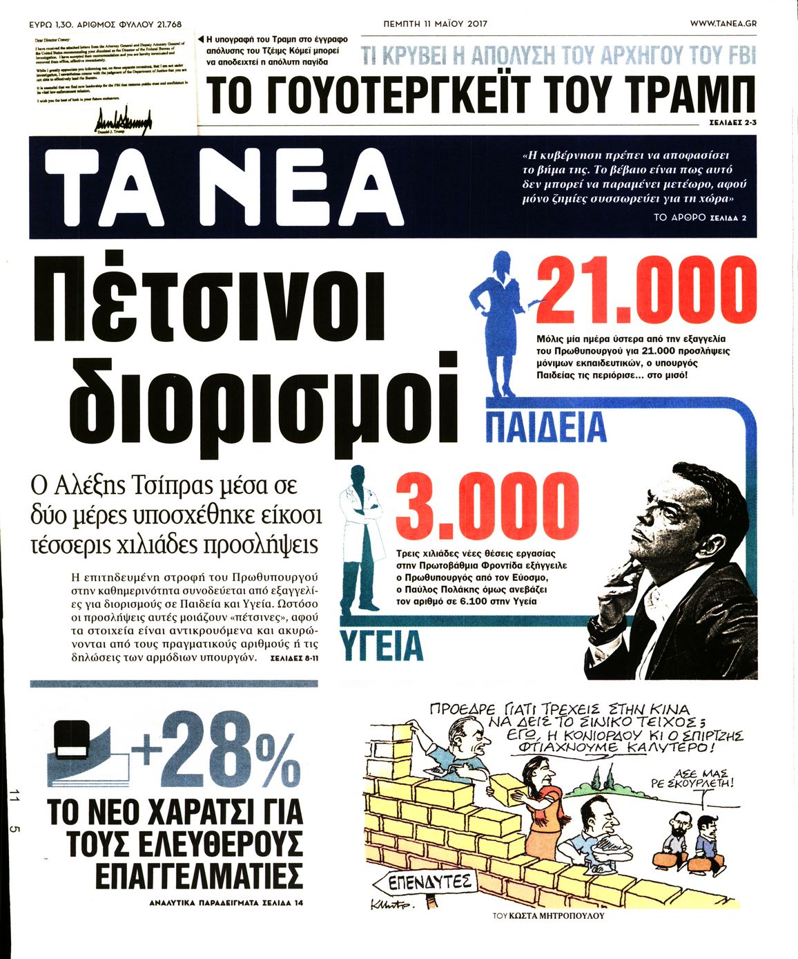 Εξώφυλο εφημερίδας ΤΑ ΝΕΑ 2017-05-11