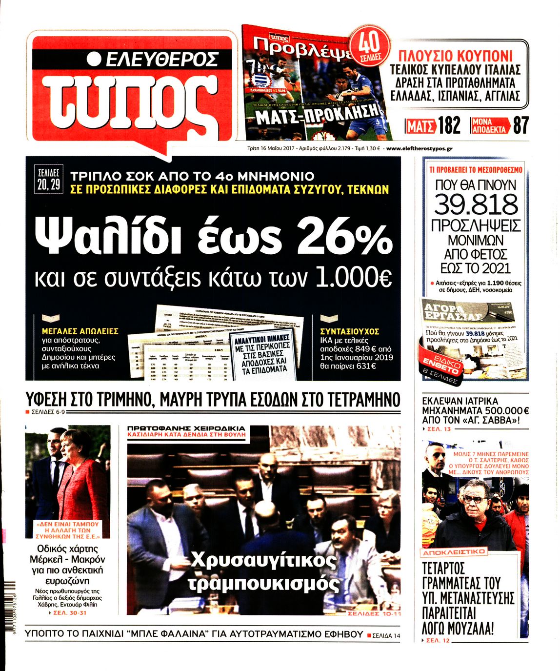 Εξώφυλο εφημερίδας ΕΛΕΥΘΕΡΟΣ ΤΥΠΟΣ 2017-05-16
