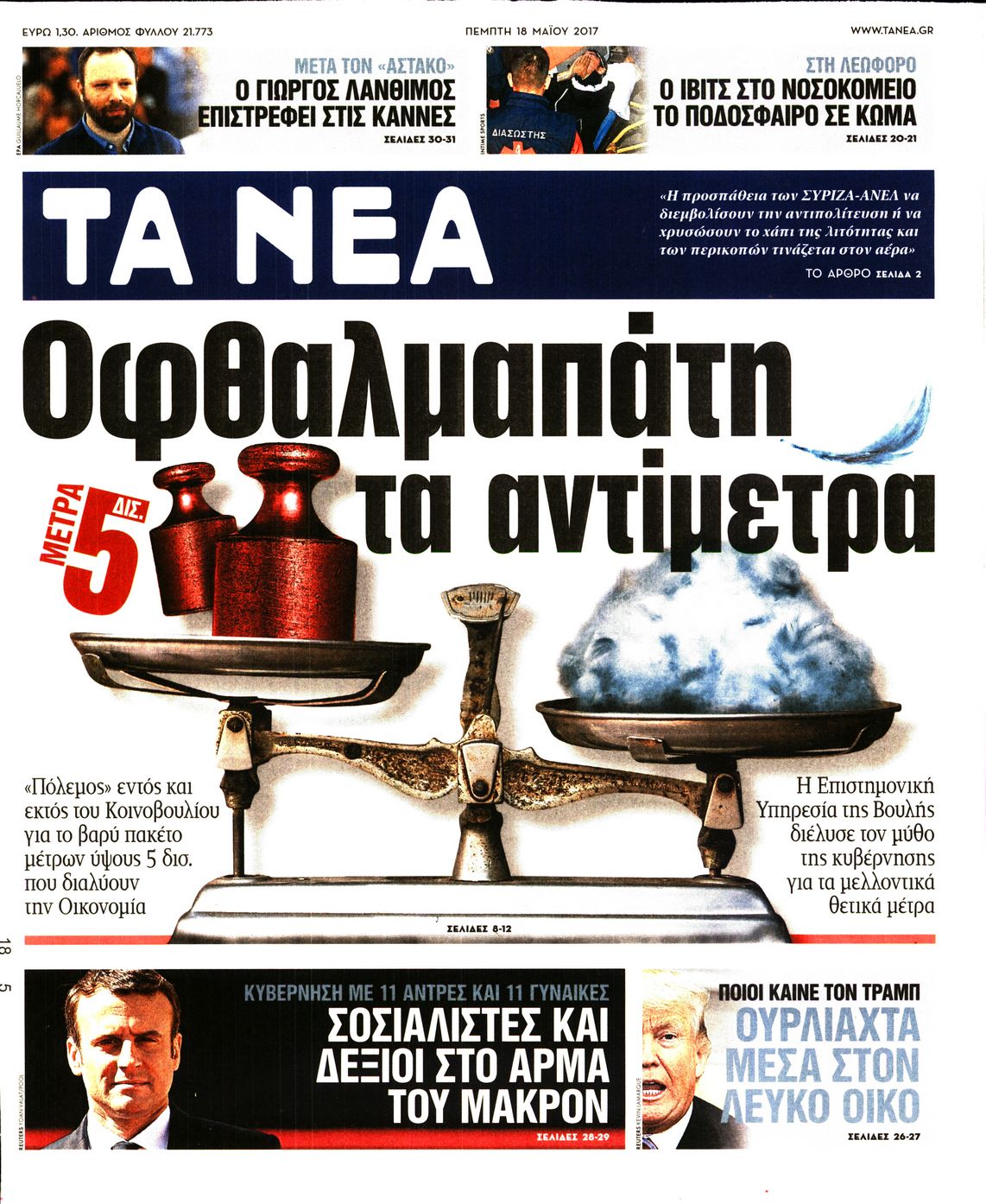 Εξώφυλο εφημερίδας ΤΑ ΝΕΑ 2017-05-18