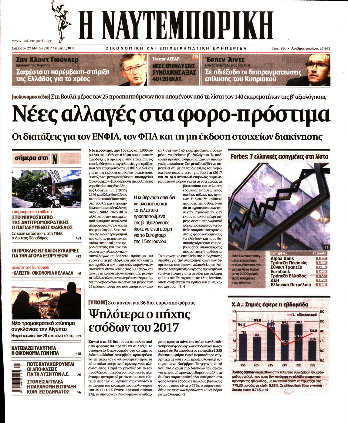 Εξώφυλο εφημερίδας ΝΑΥΤΕΜΠΟΡΙΚΗ 2017-05-27