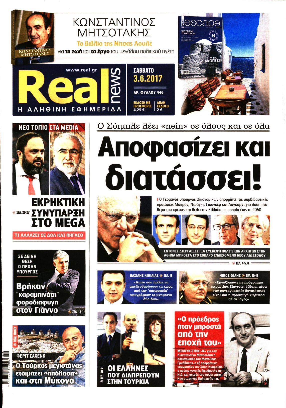 Εξώφυλο εφημερίδας REAL NEWS 2017-06-03