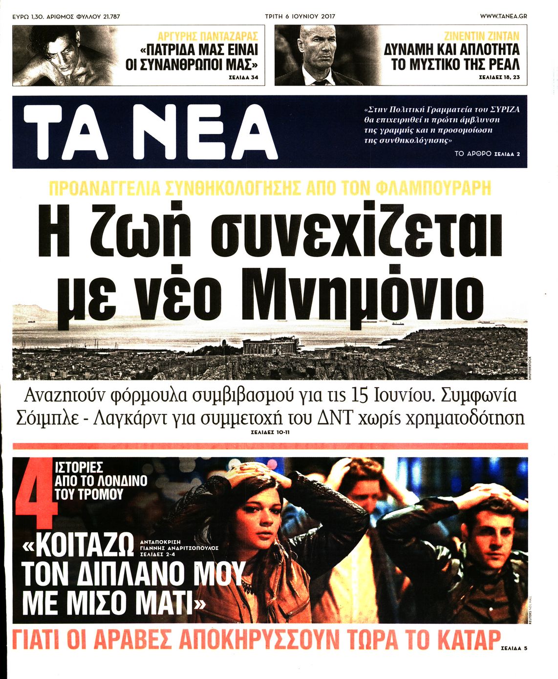 Εξώφυλο εφημερίδας ΤΑ ΝΕΑ 2017-06-06