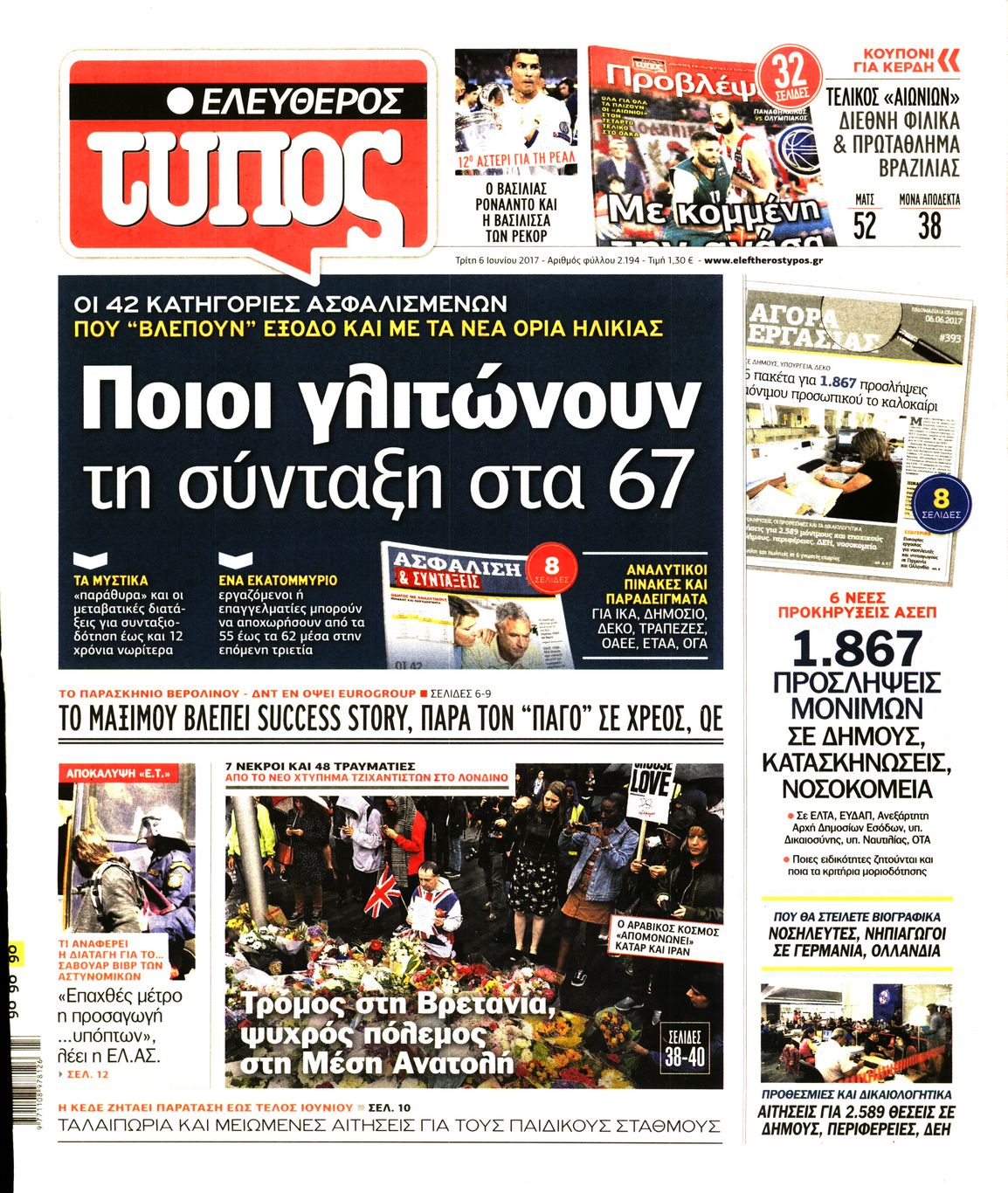 Εξώφυλο εφημερίδας ΕΛΕΥΘΕΡΟΣ ΤΥΠΟΣ 2017-06-06