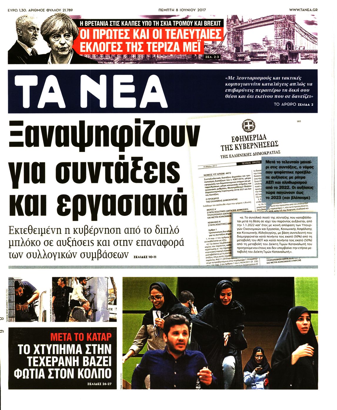 Εξώφυλο εφημερίδας ΤΑ ΝΕΑ 2017-06-08
