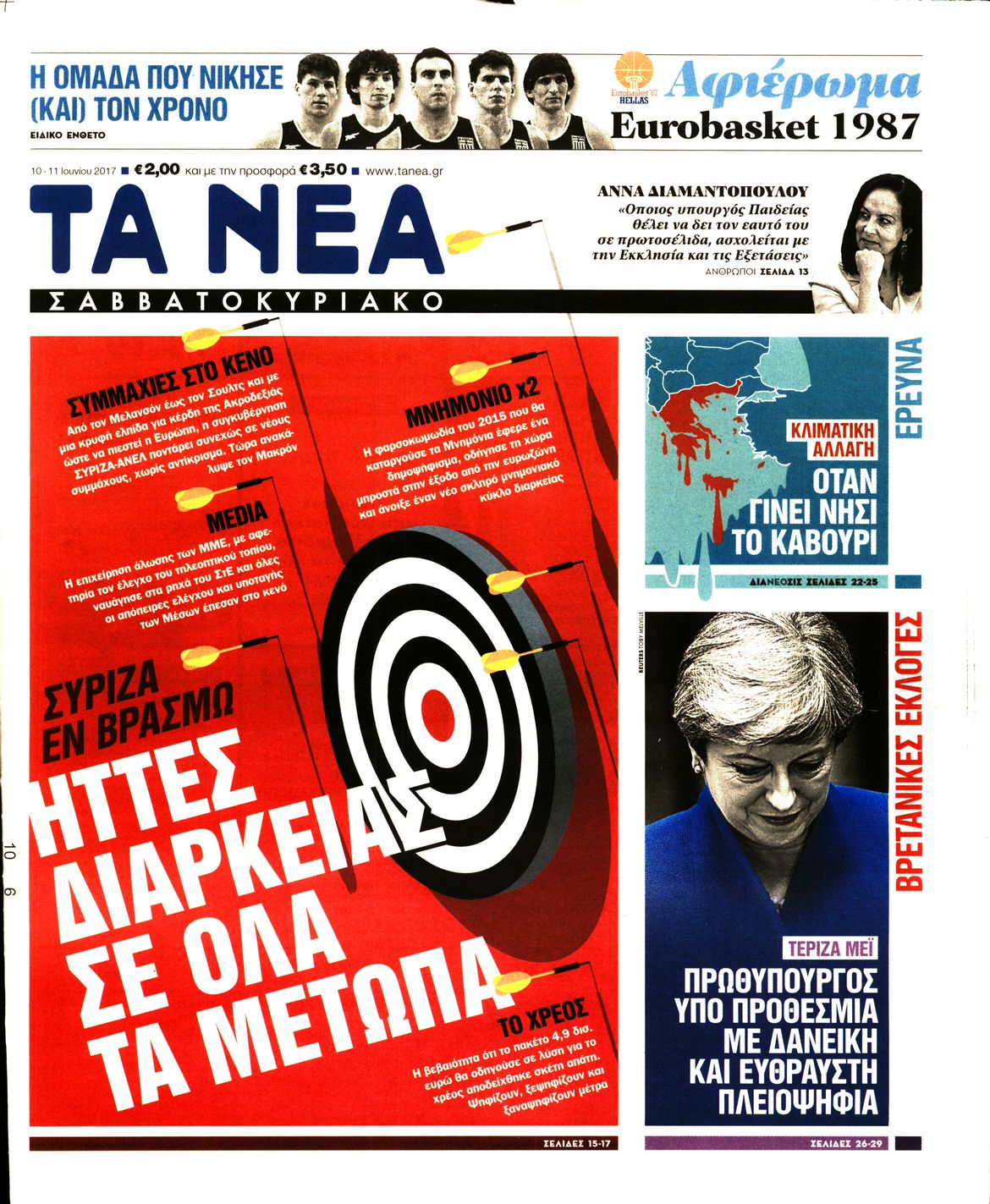 Εξώφυλο εφημερίδας ΤΑ ΝΕΑ 2017-06-10