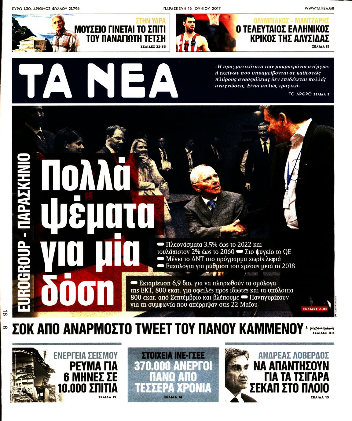 Εξώφυλο εφημερίδας ΤΑ ΝΕΑ 2017-06-16