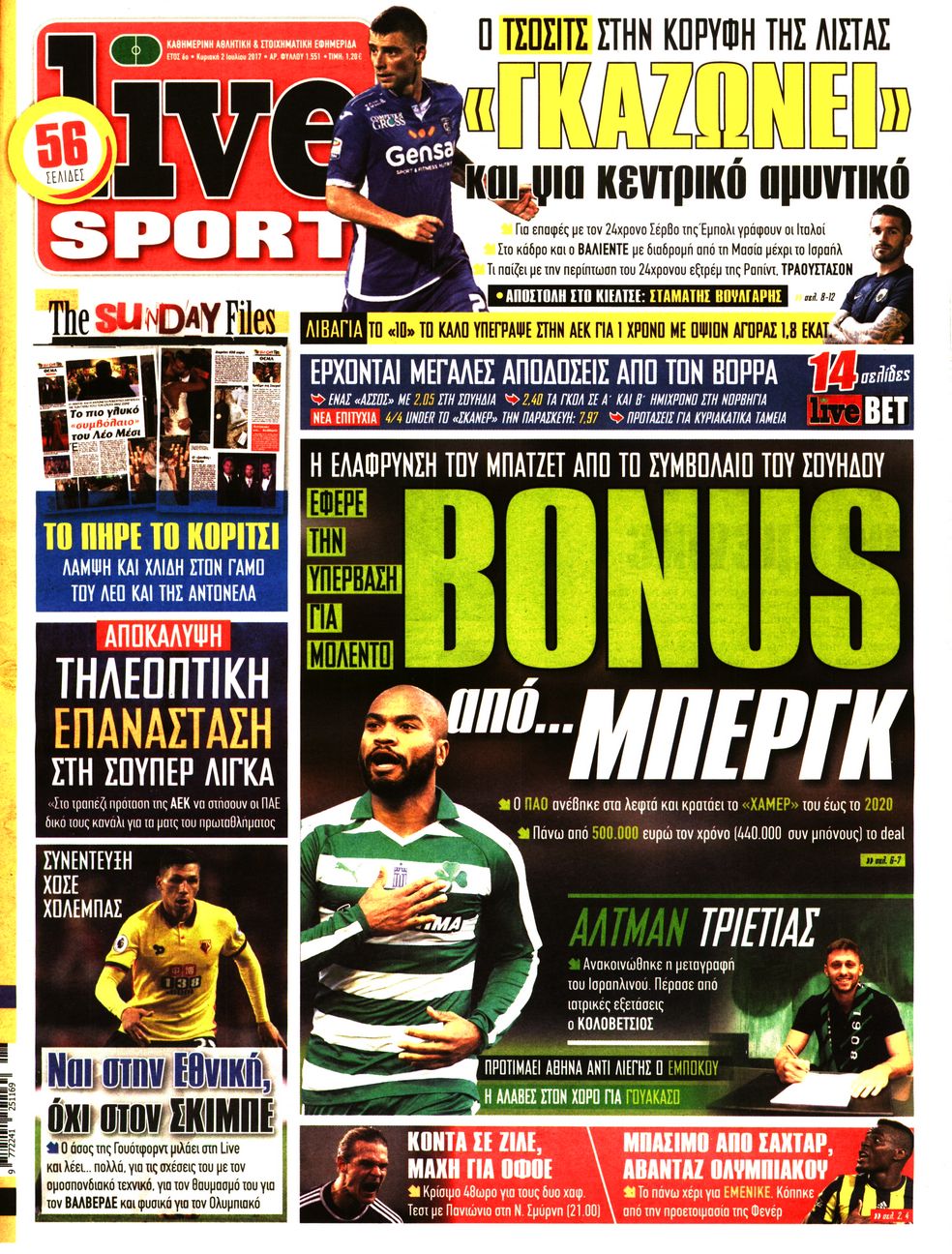 Εξώφυλο εφημερίδας LIVE SPORT 2017-07-02
