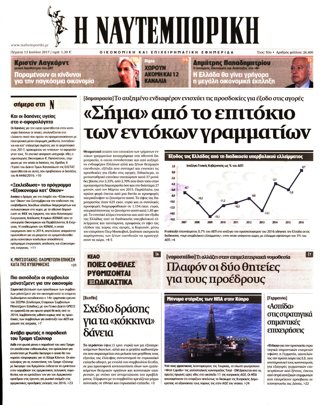 Εξώφυλο εφημερίδας ΝΑΥΤΕΜΠΟΡΙΚΗ 2017-07-13