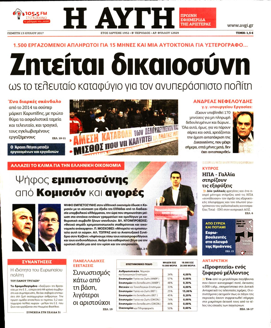 Εξώφυλο εφημερίδας ΑΥΓΗ 2017-07-13