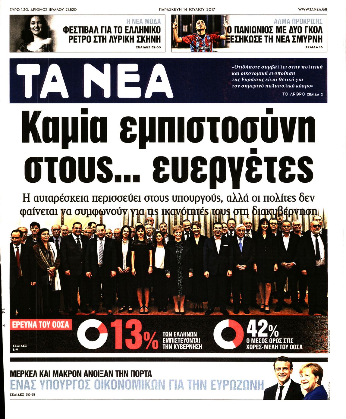 Εξώφυλο εφημερίδας ΤΑ ΝΕΑ 2017-07-14