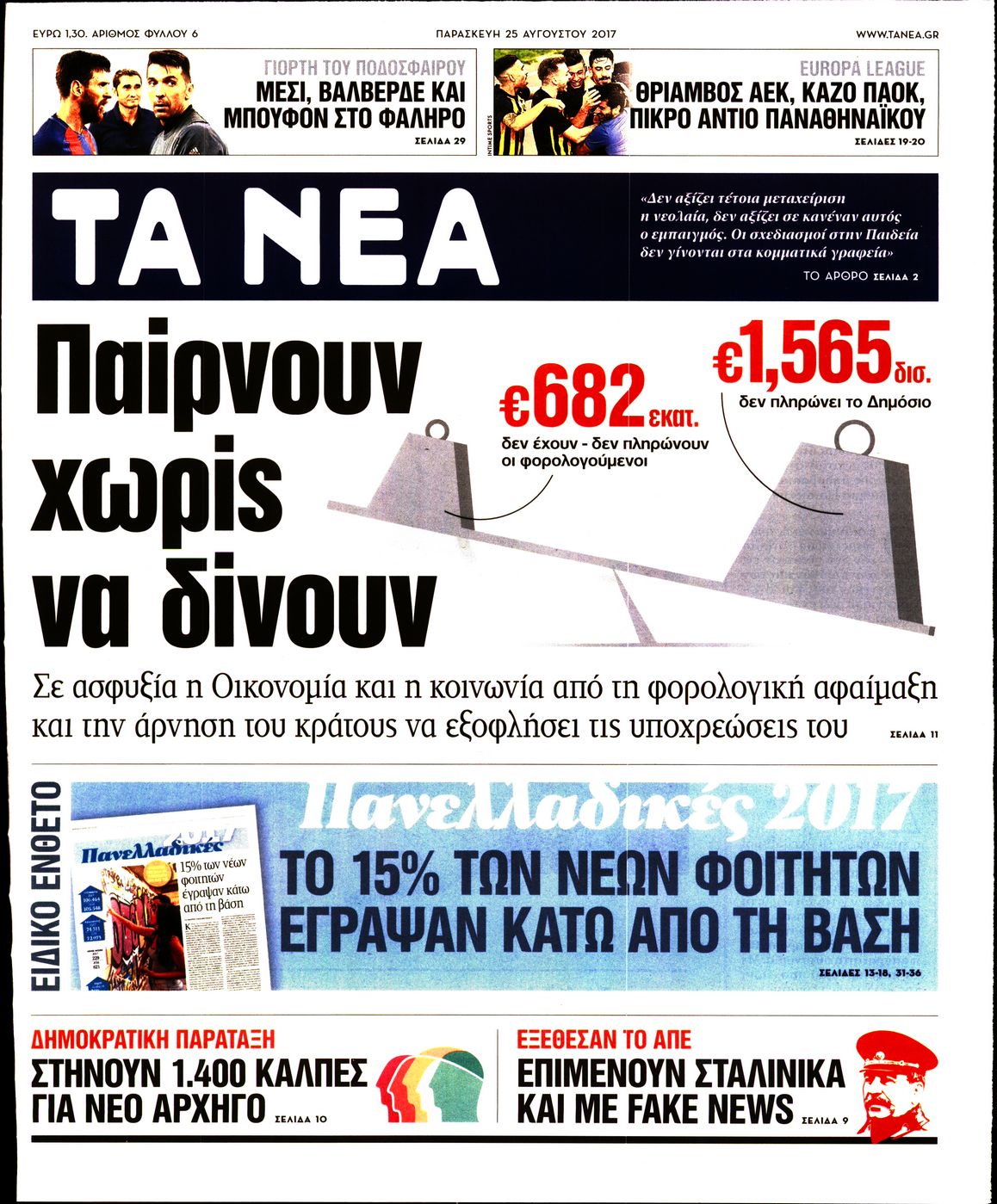 Εξώφυλο εφημερίδας ΤΑ ΝΕΑ 2017-08-25