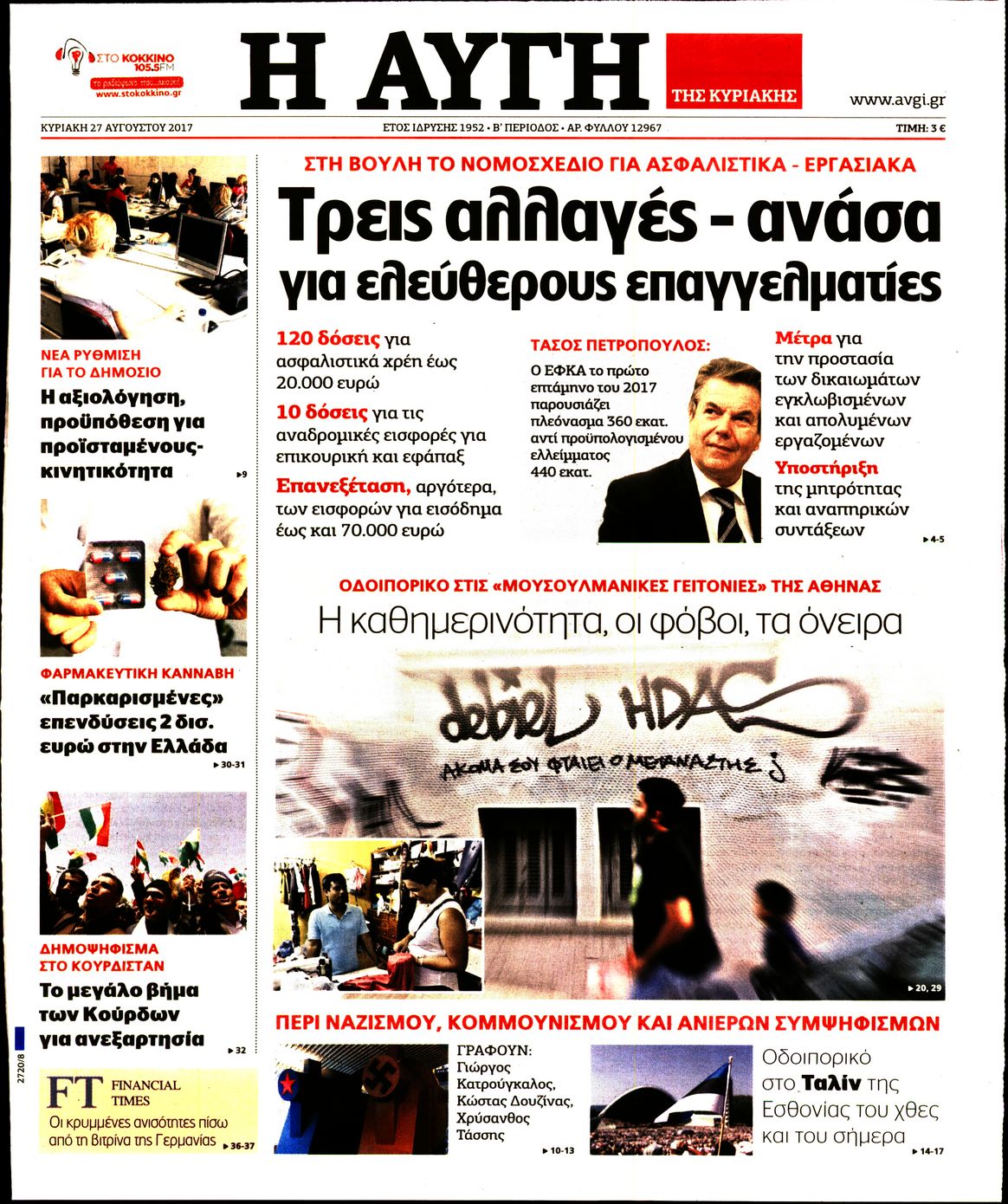Εξώφυλο εφημερίδας ΑΥΓΗ 2017-08-27