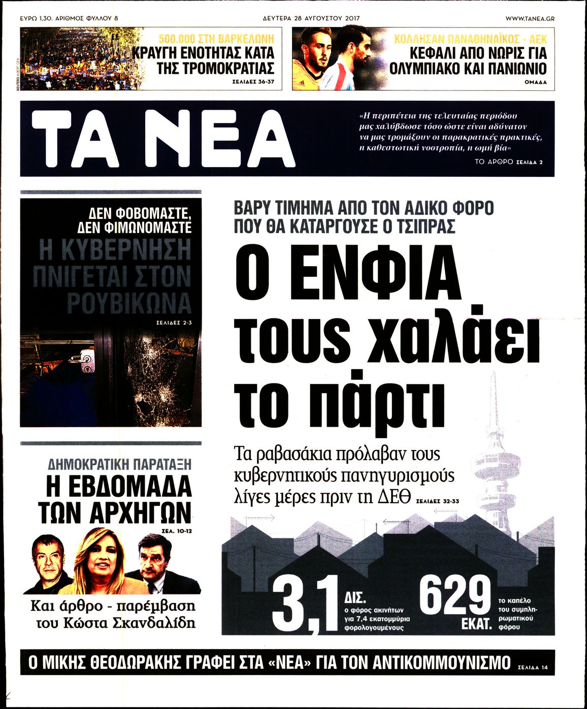 Εξώφυλο εφημερίδας ΤΑ ΝΕΑ 2017-08-28