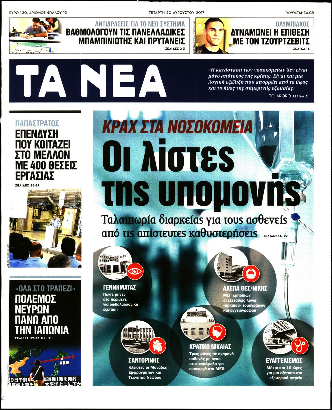 Εξώφυλο εφημερίδας ΤΑ ΝΕΑ 2017-08-30