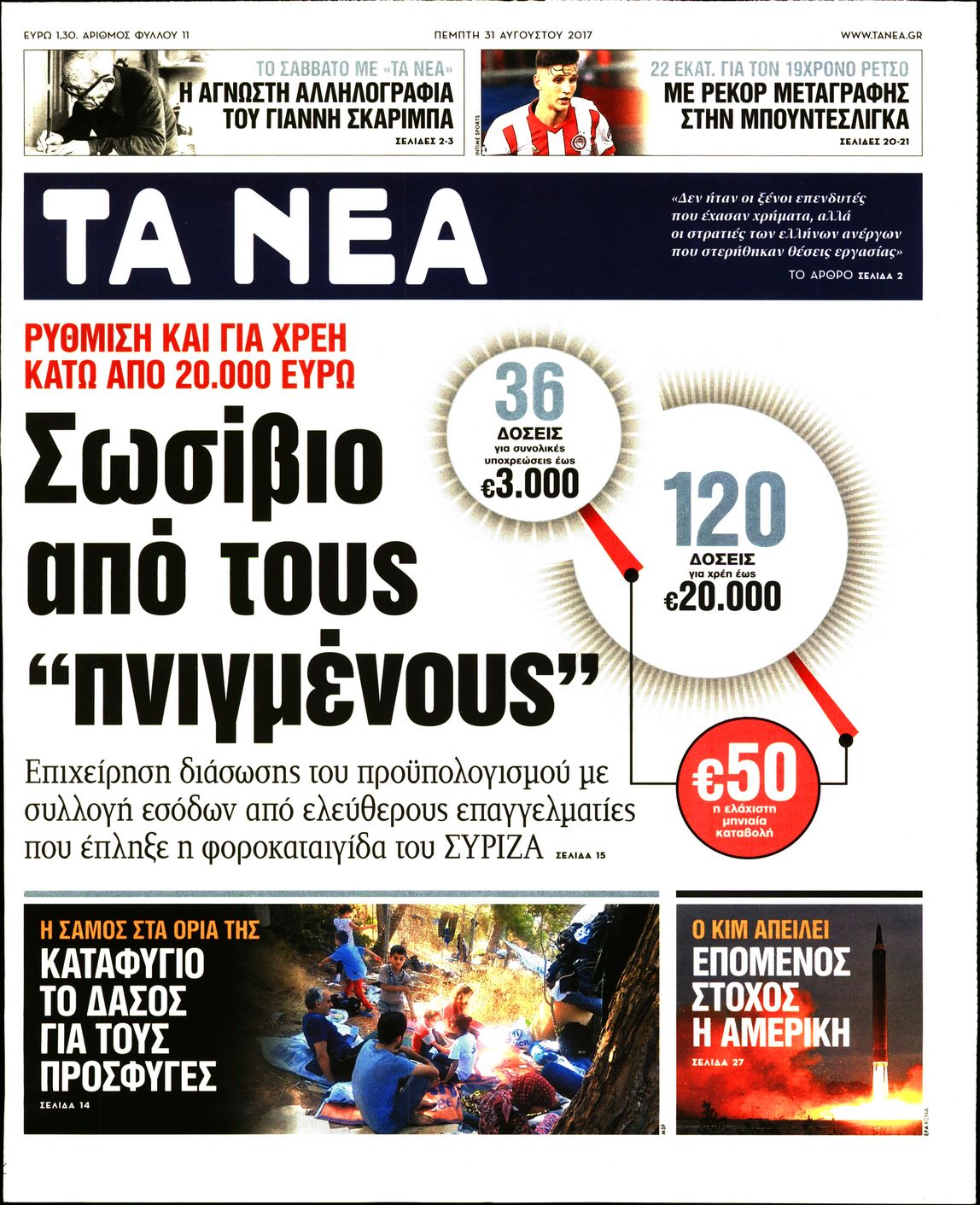 Εξώφυλο εφημερίδας ΤΑ ΝΕΑ 2017-08-31