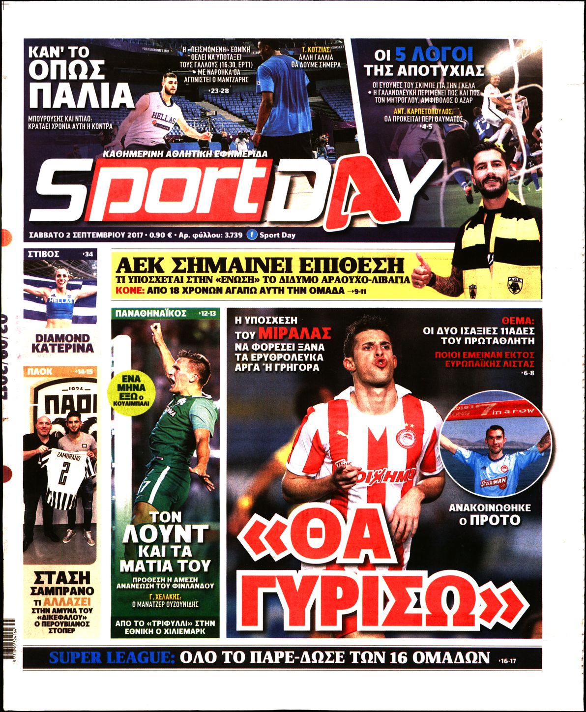 Εξώφυλο εφημερίδας SPORTDAY 2017-09-02