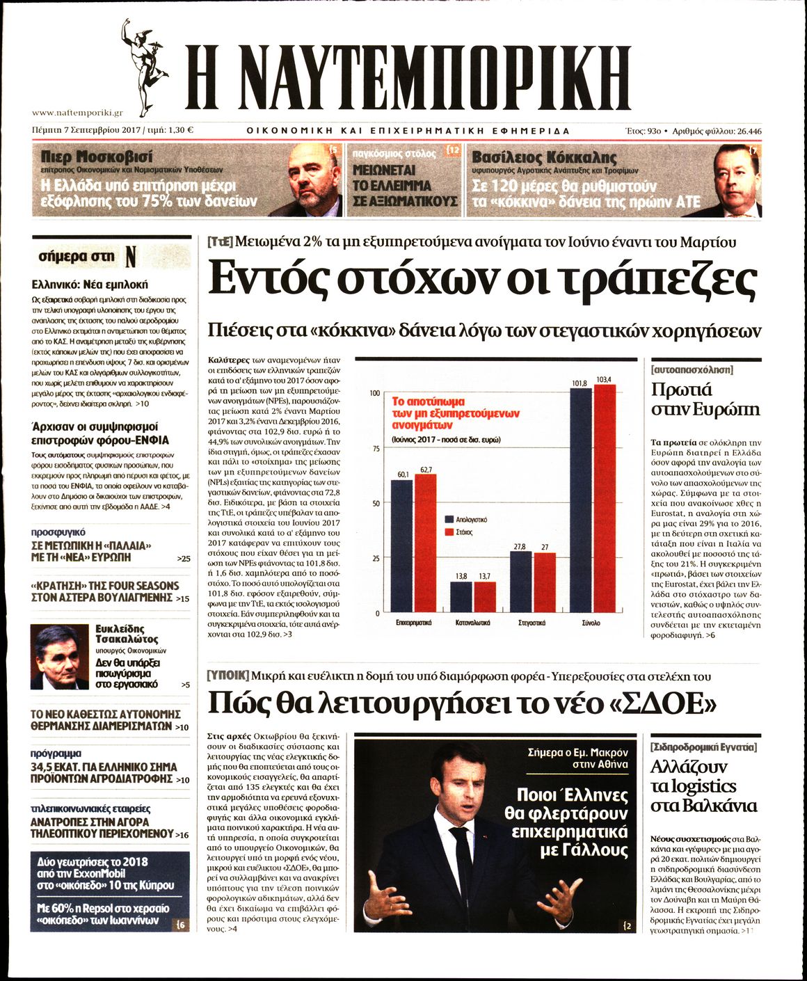 Εξώφυλο εφημερίδας ΝΑΥΤΕΜΠΟΡΙΚΗ 2017-09-07