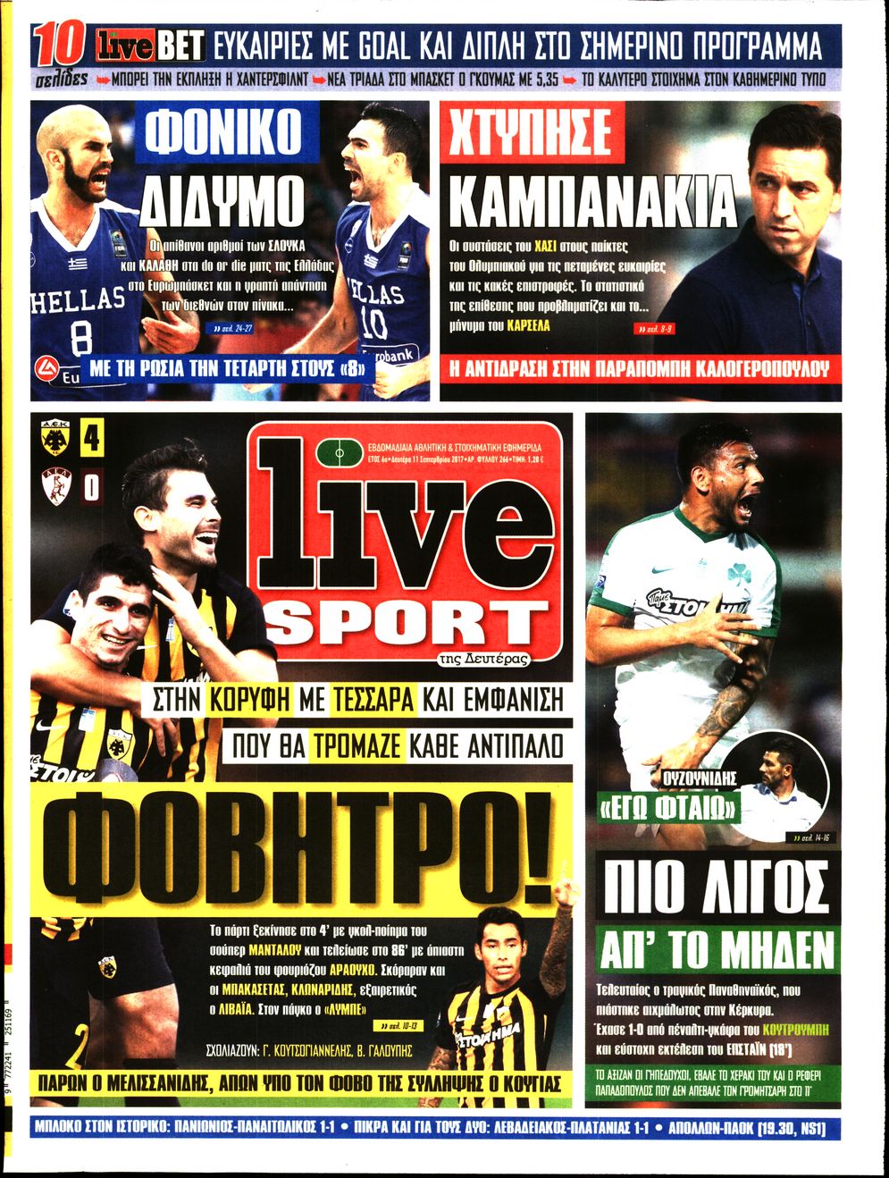 Εξώφυλο εφημερίδας LIVE SPORT 2017-09-11