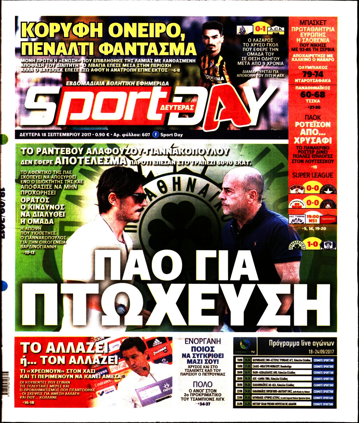 Εξώφυλο εφημερίδας SPORTDAY 2017-09-18