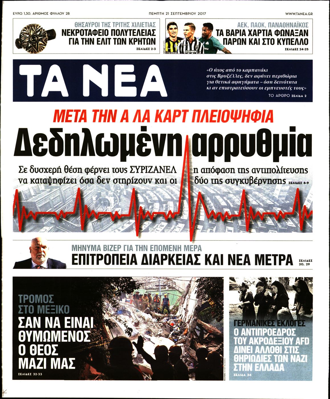 Εξώφυλο εφημερίδας ΤΑ ΝΕΑ 2017-09-21