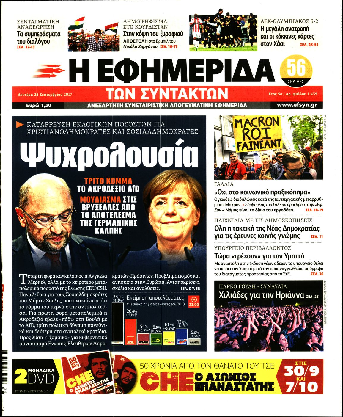 Εξώφυλο εφημερίδας ΤΩΝ ΣΥΝΤΑΚΤΩΝ 2017-09-25