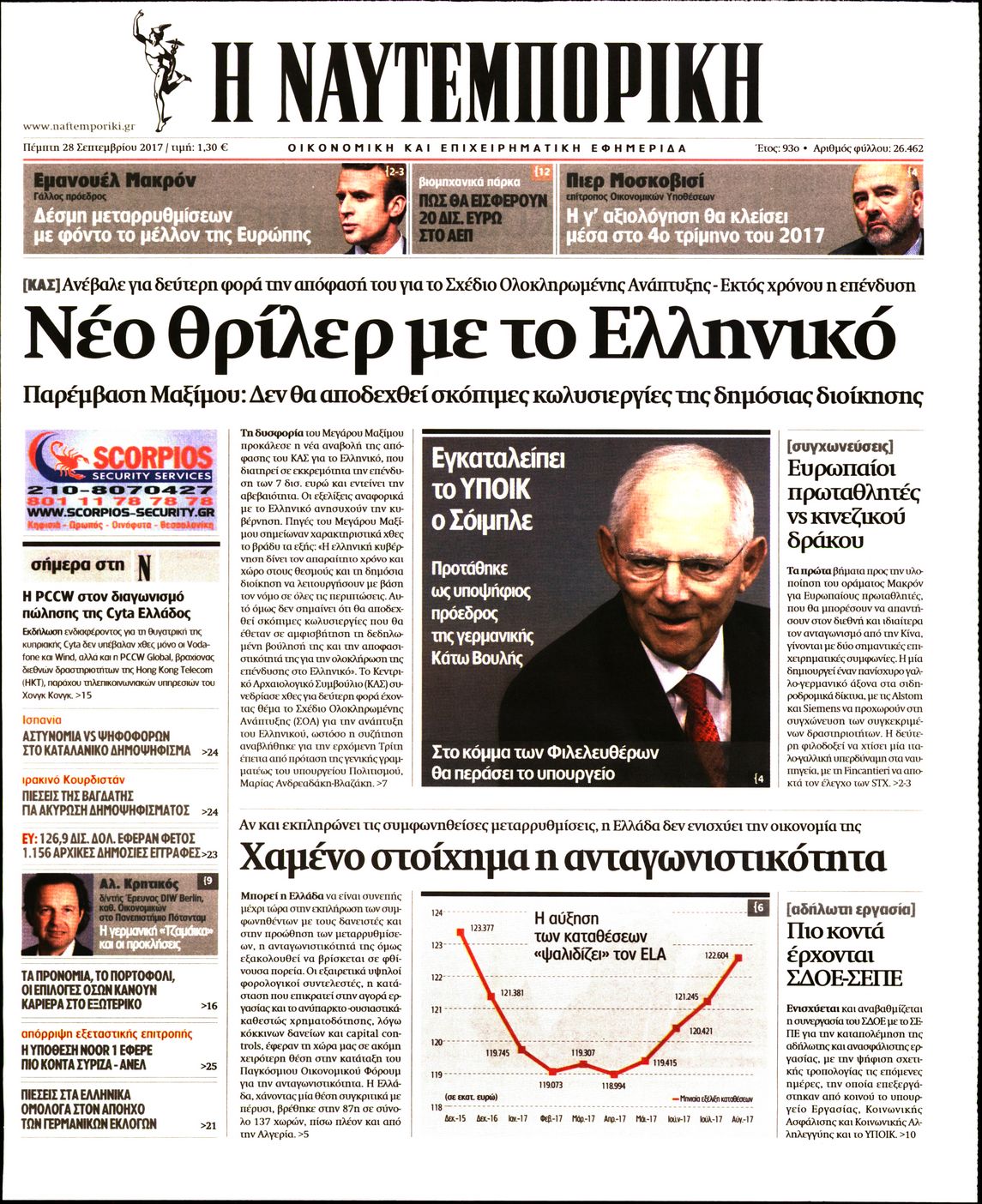Εξώφυλο εφημερίδας ΝΑΥΤΕΜΠΟΡΙΚΗ 2017-09-28