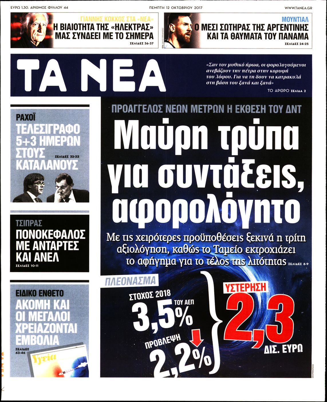 Εξώφυλο εφημερίδας ΤΑ ΝΕΑ 2017-10-12