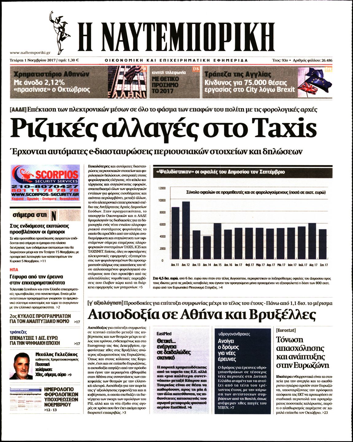 Εξώφυλο εφημερίδας ΝΑΥΤΕΜΠΟΡΙΚΗ 2017-11-01