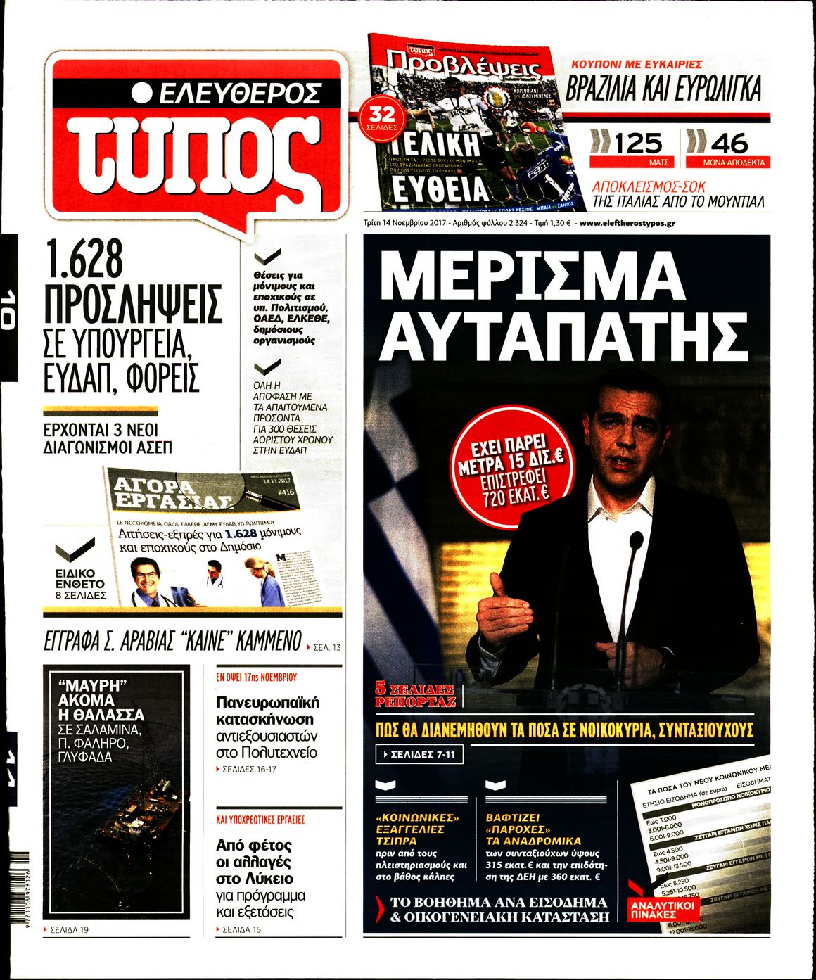 Εξώφυλο εφημερίδας ΕΛΕΥΘΕΡΟΣ ΤΥΠΟΣ 2017-11-14