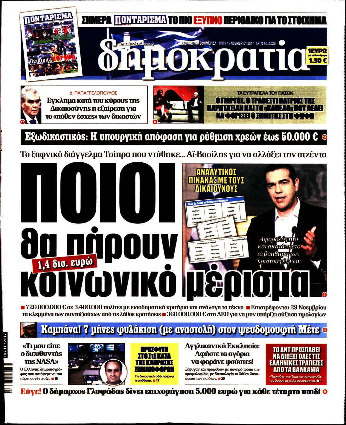 Εξώφυλο εφημερίδας ΔΗΜΟΚΡΑΤΙΑ 2017-11-14