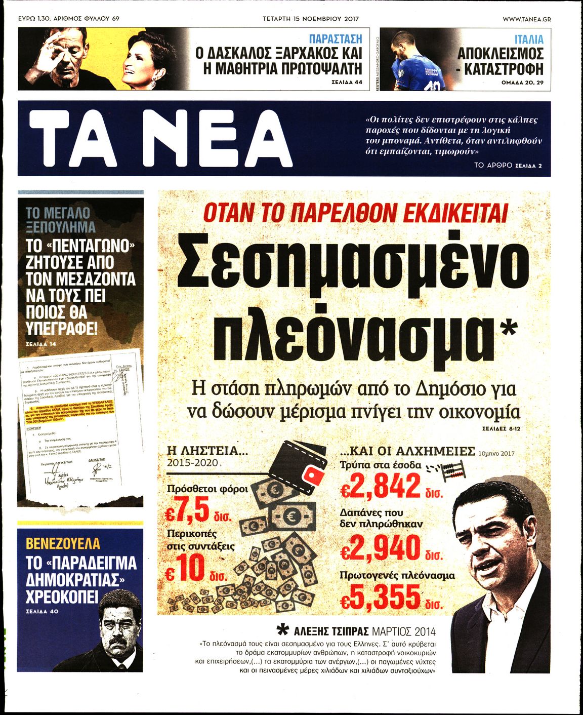 Εξώφυλο εφημερίδας ΤΑ ΝΕΑ 2017-11-15