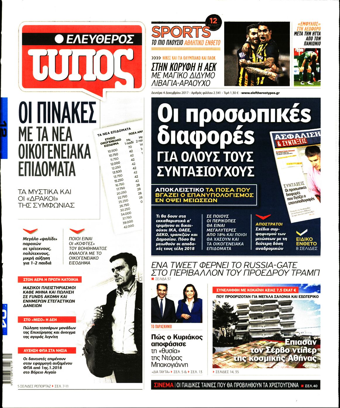 Εξώφυλο εφημερίδας ΕΛΕΥΘΕΡΟΣ ΤΥΠΟΣ 2017-12-04