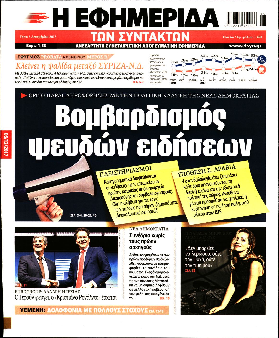 Εξώφυλο εφημερίδας ΤΩΝ ΣΥΝΤΑΚΤΩΝ 2017-12-05