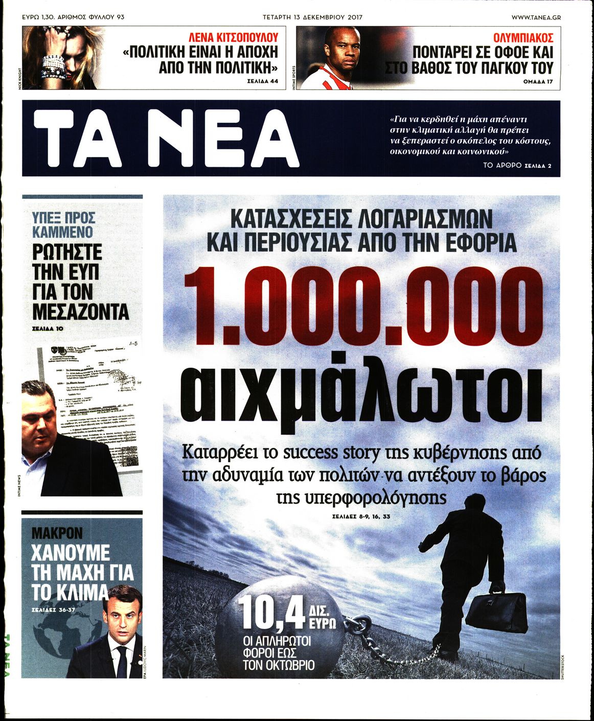 Εξώφυλο εφημερίδας ΤΑ ΝΕΑ 2017-12-13