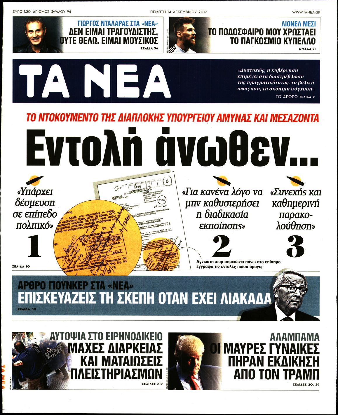 Εξώφυλο εφημερίδας ΤΑ ΝΕΑ 2017-12-14