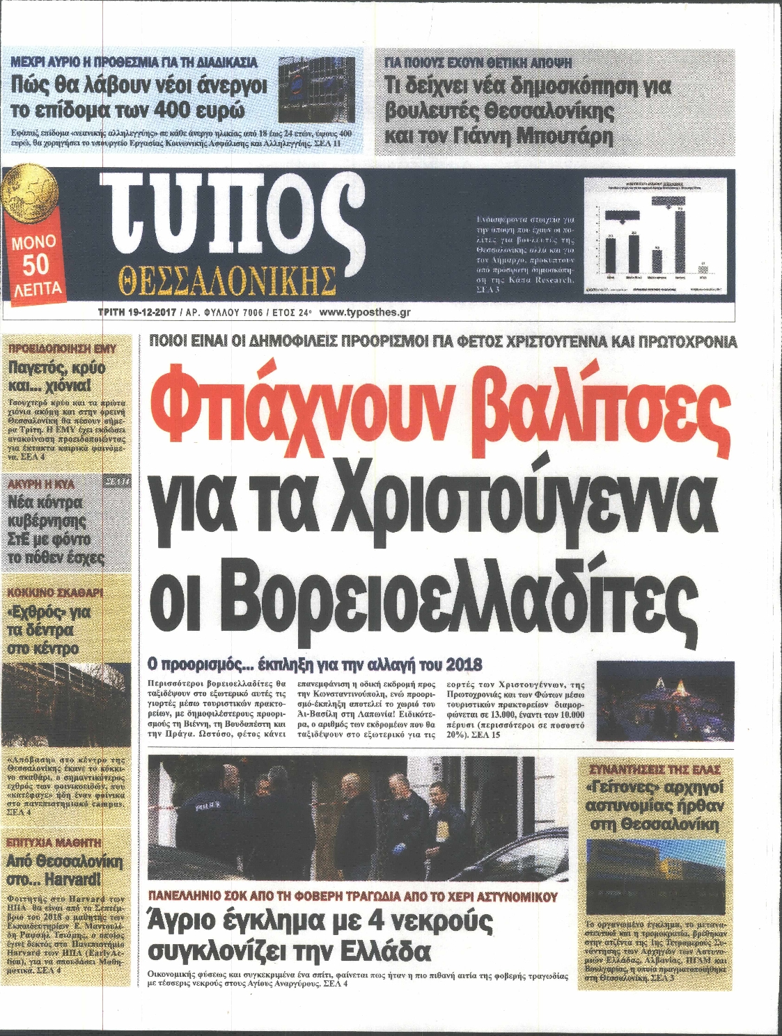 Εξώφυλο εφημερίδας ΤΥΠΟΣ ΘΕΣ/ΝΙΚΗΣ 2017-12-19