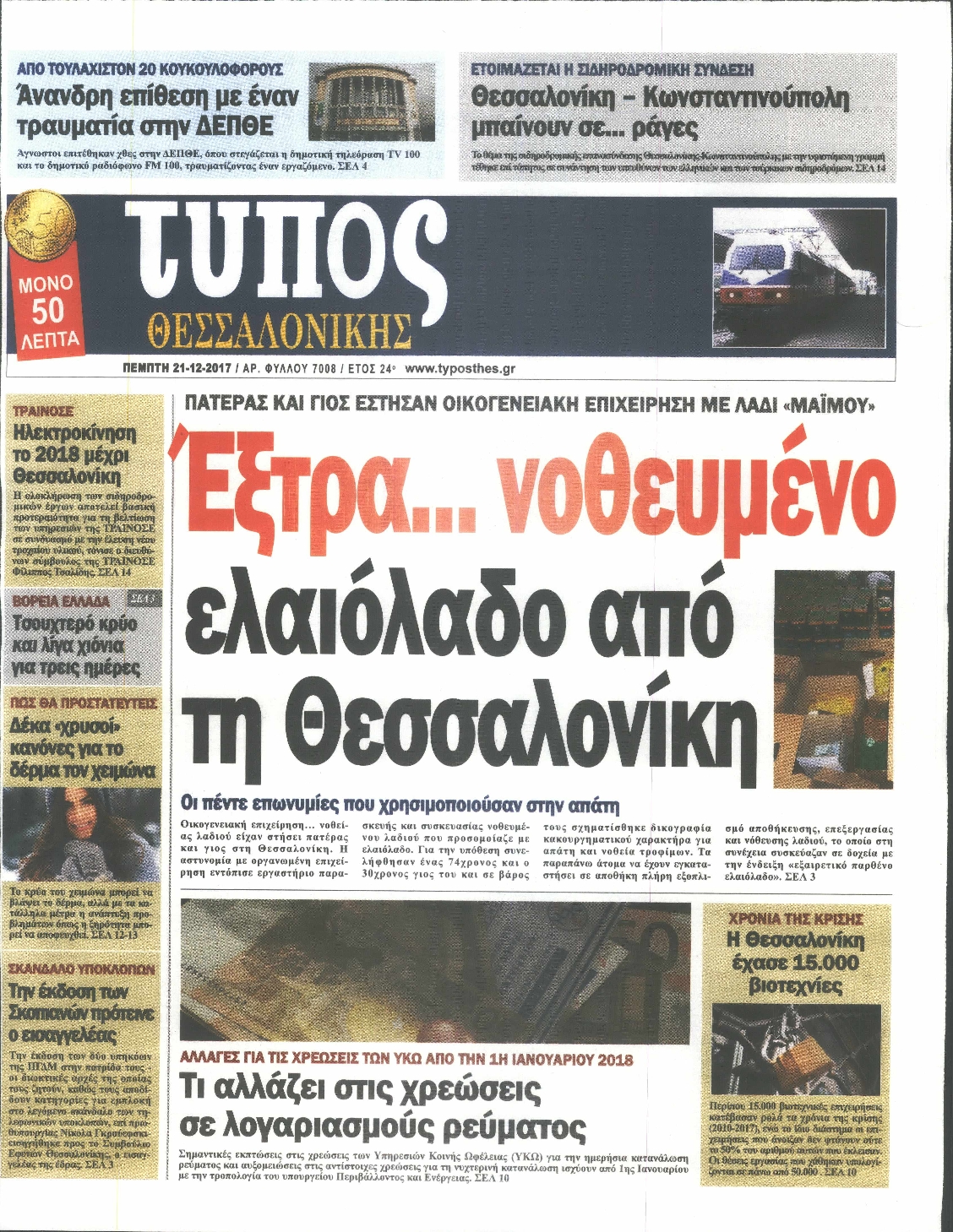 Εξώφυλο εφημερίδας ΤΥΠΟΣ ΘΕΣ/ΝΙΚΗΣ 2017-12-21