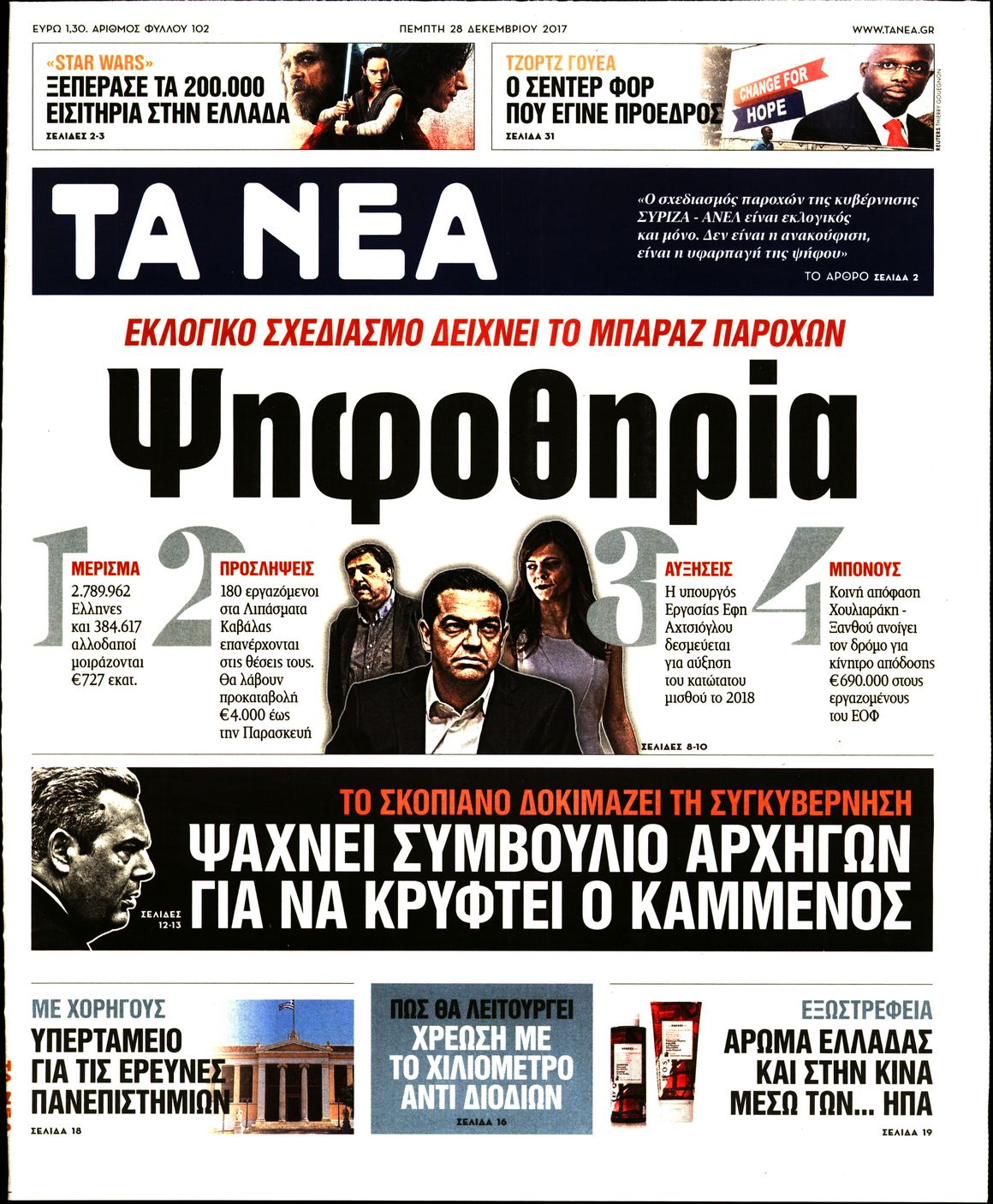 Εξώφυλο εφημερίδας ΤΑ ΝΕΑ 2017-12-28