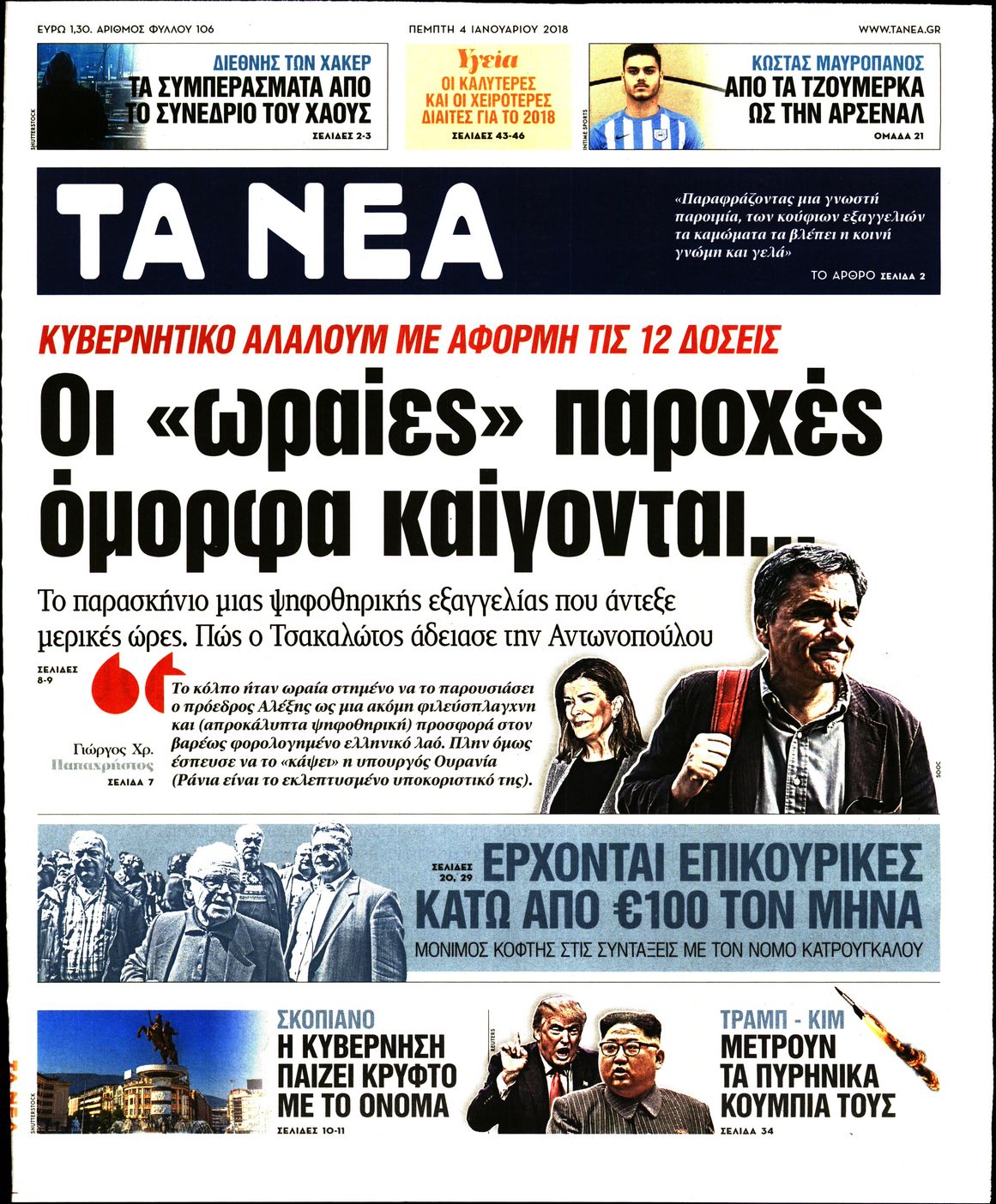 Εξώφυλο εφημερίδας ΤΑ ΝΕΑ 2018-01-04
