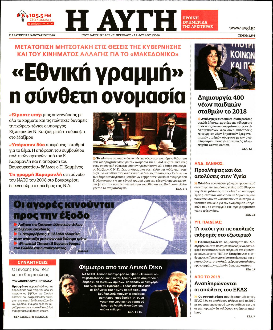 Εξώφυλο εφημερίδας ΑΥΓΗ 2018-01-05