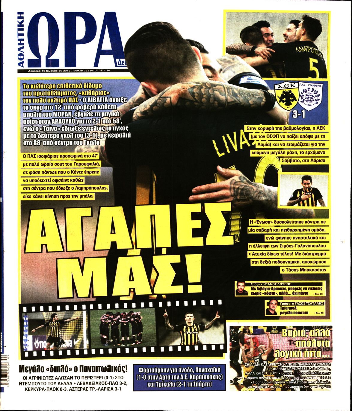 Εξώφυλο εφημερίδας ΩΡΑ ΓΙΑ ΣΠΟΡ 2018-01-15