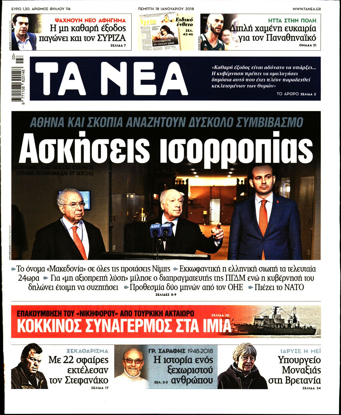 Εξώφυλο εφημερίδας ΤΑ ΝΕΑ 2018-01-18