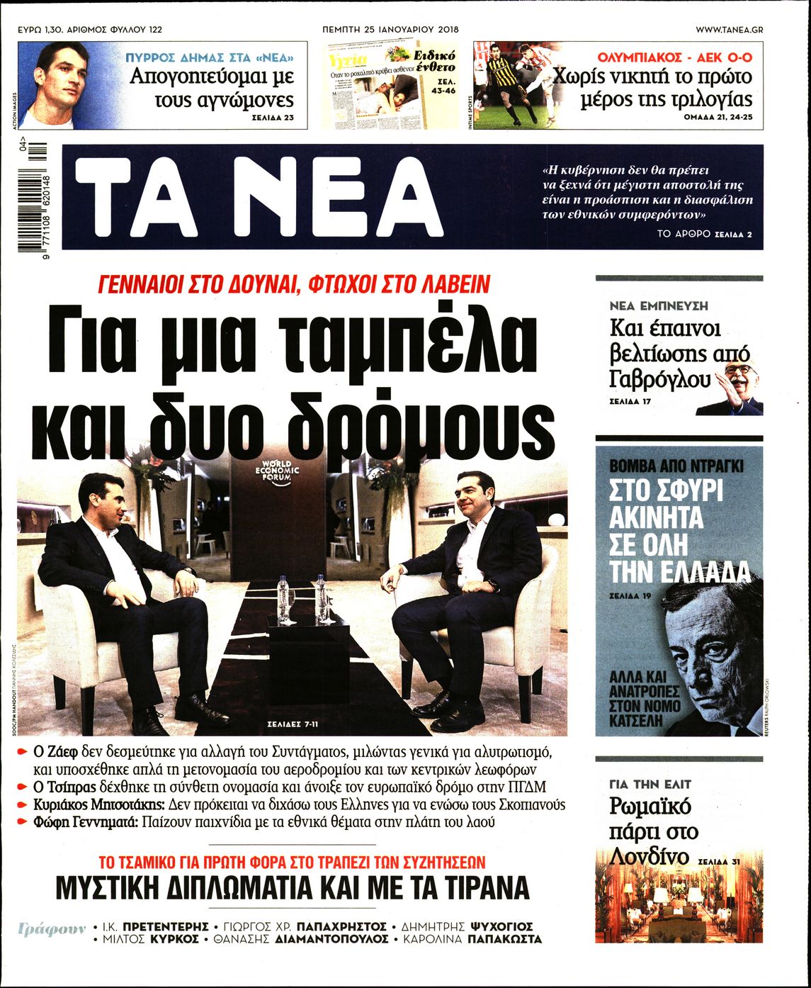 Εξώφυλο εφημερίδας ΤΑ ΝΕΑ 2018-01-25