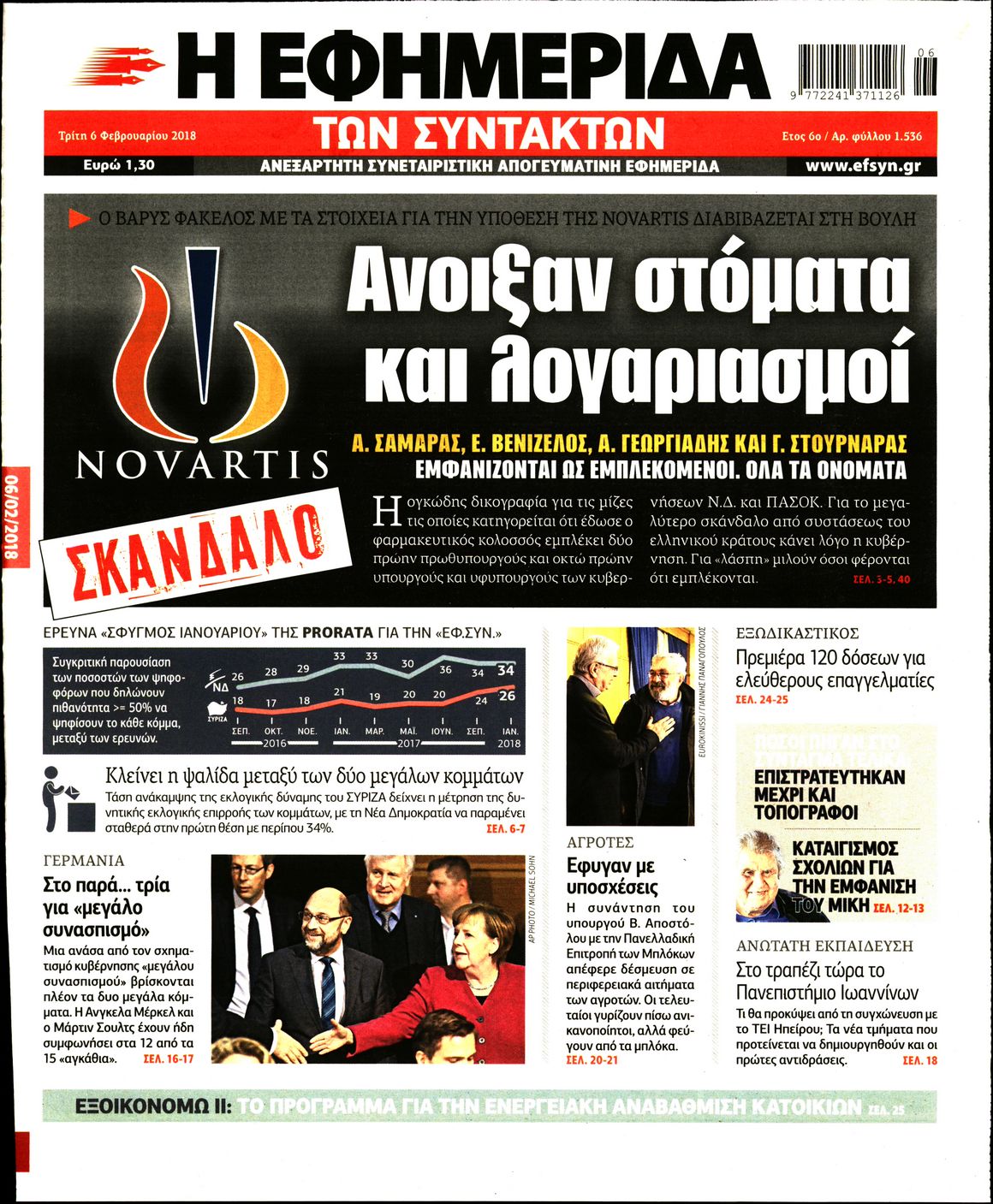 Εξώφυλο εφημερίδας ΤΩΝ ΣΥΝΤΑΚΤΩΝ 2018-02-06
