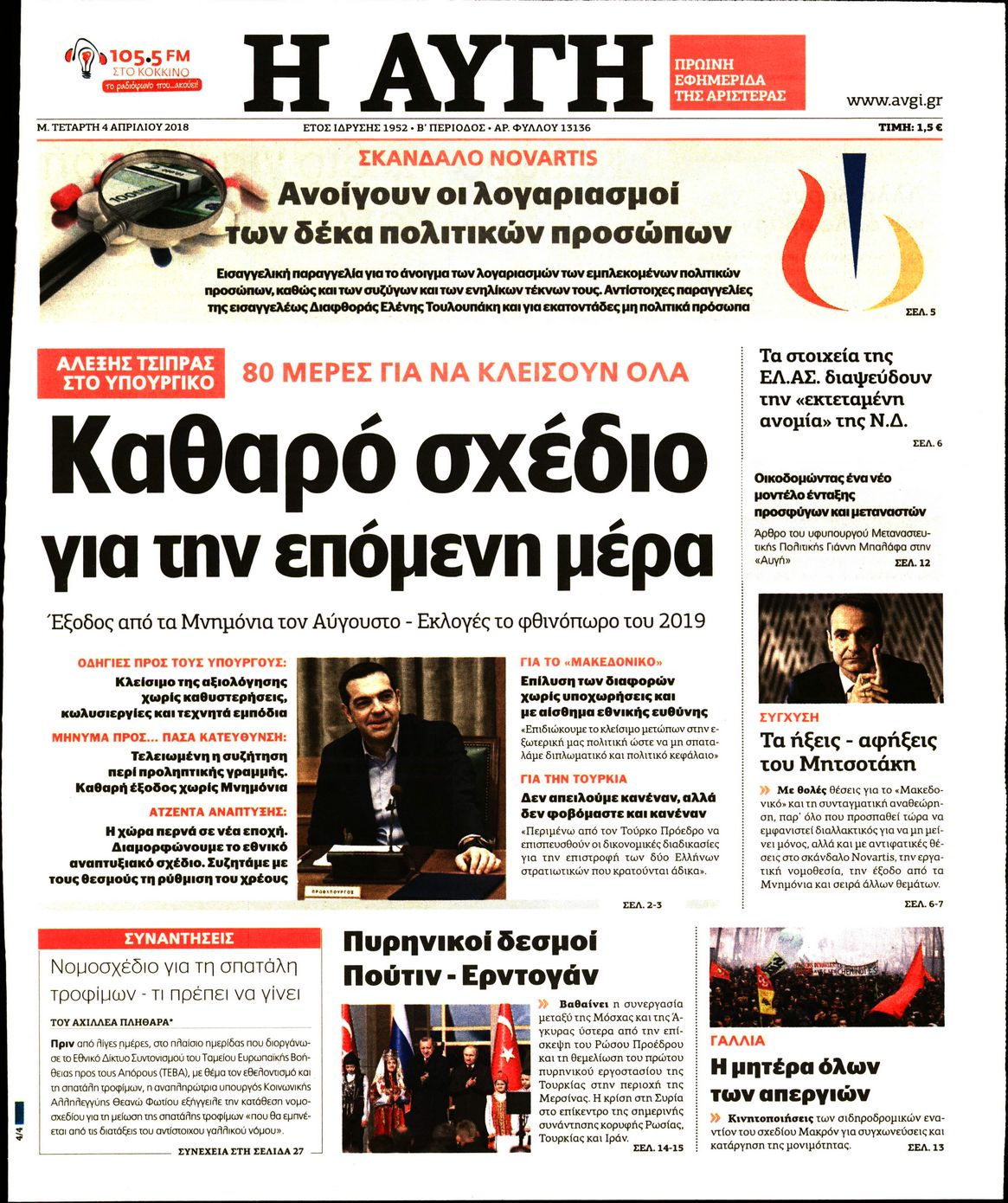 Εξώφυλο εφημερίδας ΑΥΓΗ 2018-04-04