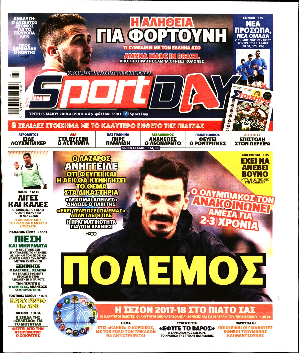 Εξώφυλο εφημερίδας SPORTDAY 2018-05-15