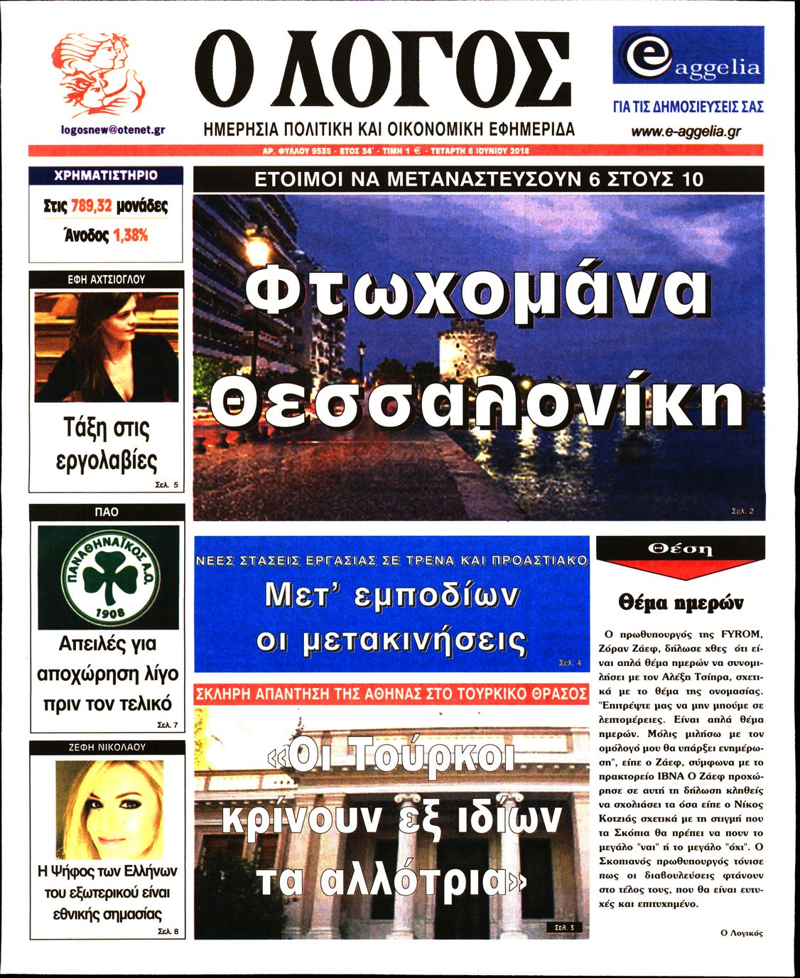Εξώφυλο εφημερίδας Ο ΛΟΓΟΣ 2018-06-06