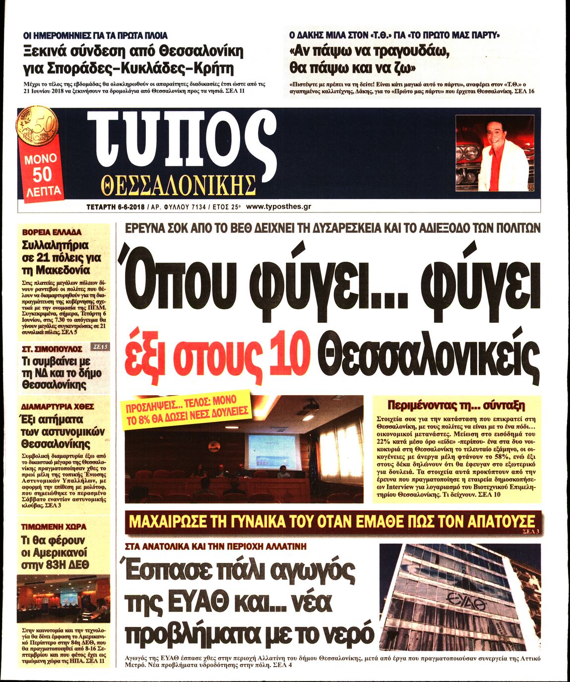 Εξώφυλο εφημερίδας ΤΥΠΟΣ ΘΕΣ/ΝΙΚΗΣ 2018-06-06